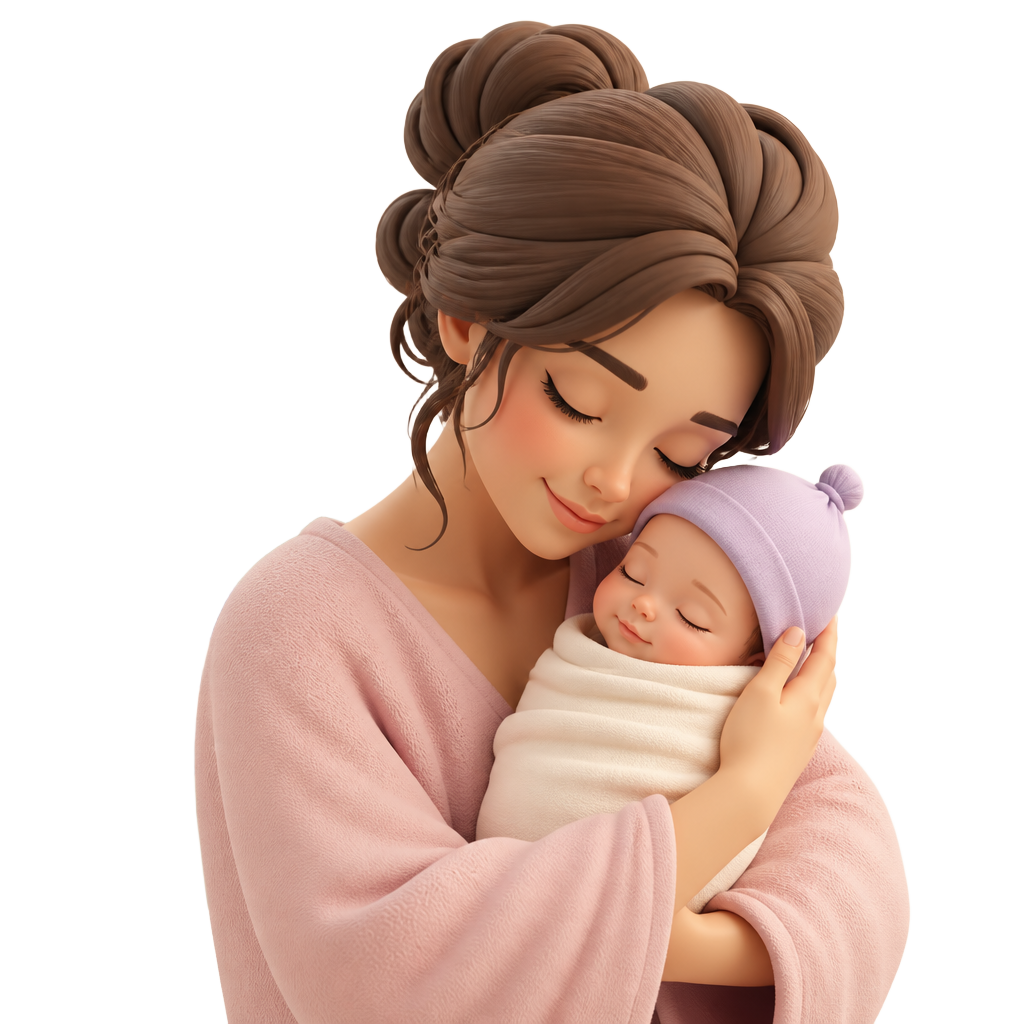 Ilustración de una madre sosteniendo con ternura a su bebé recién nacido